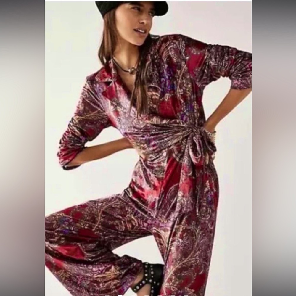 Free People Red Velvet Jumpsuit with Tie Waist